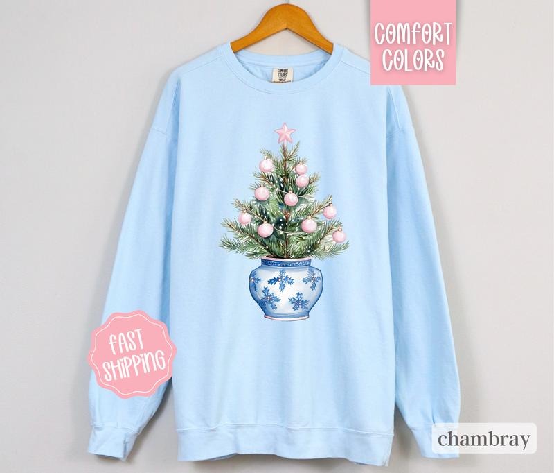 Chinoiserie Christmas Tree Comfort Colors Sweatshirt,  Coquette Christmas Sweater Womenswear,  Preppy Holiday Crewneck