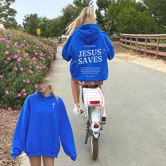 Christian Hoodies - Jesus Saves Hoodie, Blue Casual Sweatshirt with Bible Verse, Cotton and Polyester Blend, Long Sleeve, Casual Wear