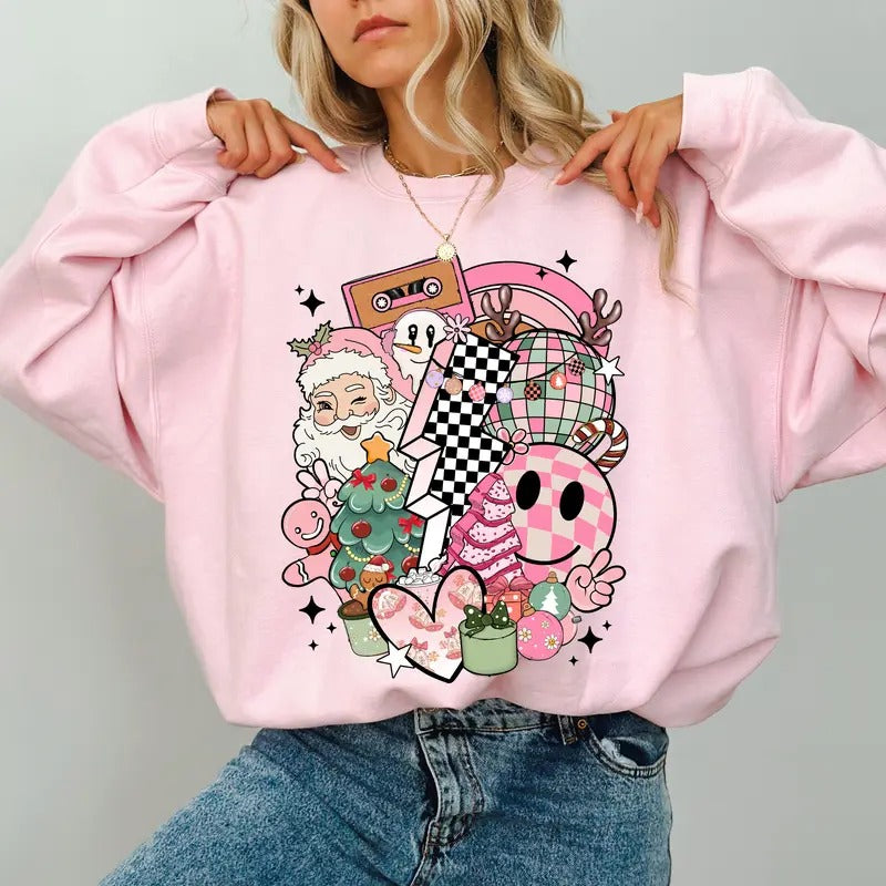 Christmas Checkered Coquette Bow Sweatshirt, Girly Christmas Crewneck for Women, Santa Claus Christmas Tree Gift Sweater, 2024 Christmas Gift, Xmas Holiday Sweatshirt, Comfy Long Sleeve Pullover, Women's Tops, Casual Womenswear, Soft Fabric Cotton Top