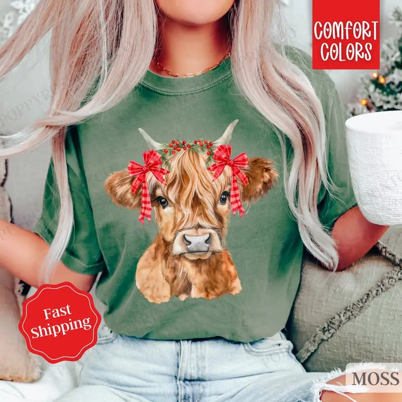 Christmas Cow Shirt Comfort Colors Holiday Tshirt, Women's Holiday Tee christmas shirt