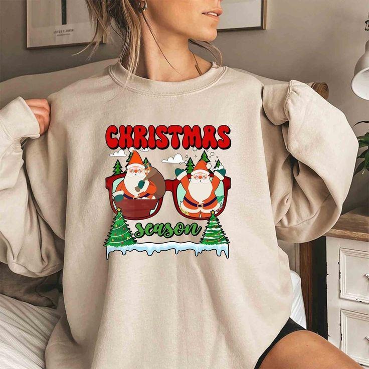 Christmas Season Sweatshirt, Sunglass Santa Claus Hat, Christmas Vibes, Merry Christmas Holiday, Christmas Kid, Xmas 2022 Gift Sweatshirt y1Qe