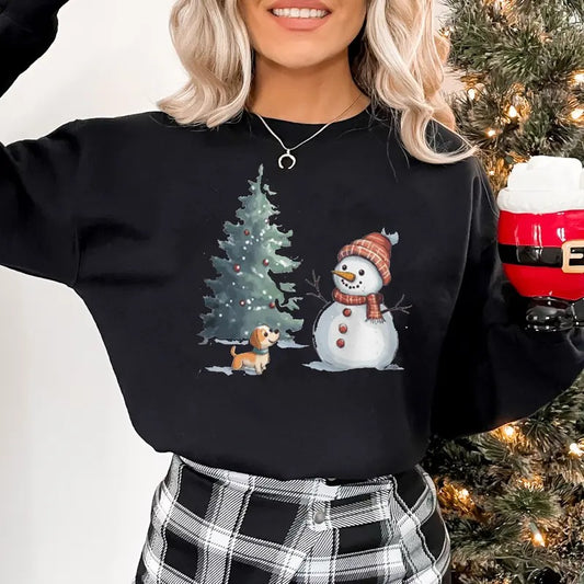 Christmas Snowman & Dog Sweatshirt, Cute Snowman Sweatshirt, Christmas Tree Sweatshirt, Dog Lover Christmas Gift, Women's Christmas Gift