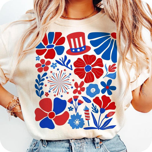 Comfort Colors Boho Floral 4th Of July T-Shirt, Vintage America TShirt, Memorial Day T-Shirt, Girly USA Shirt, Independence Day T-Shirt