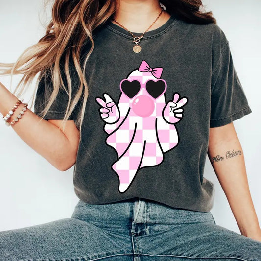 Comfort Colors Cute Girly Ghost Blowing Bubble Shirt, Cute Ghost Shirt, Retro Checkered Ghost bow Shirt, Cute Pink Ghost T-Shirt, On Wednesday We Wear Pink