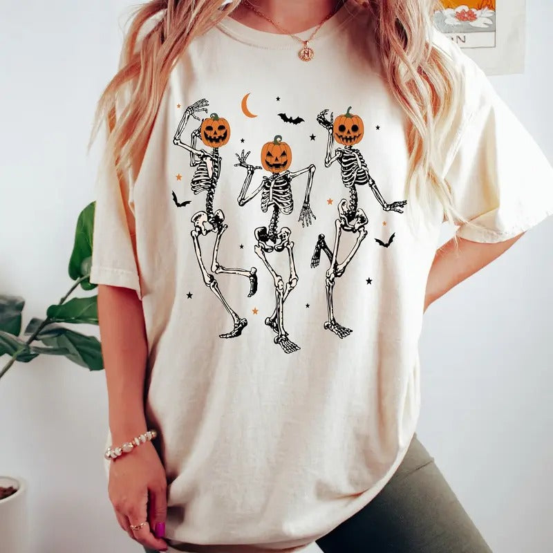 Comfort Colors Dancing Skeleton Pumpkin Shirt, Retro Halloween Shirt, Womens Halloween Shirt, Cute Fall Shirt, Spooky Season, Pumpkin Face