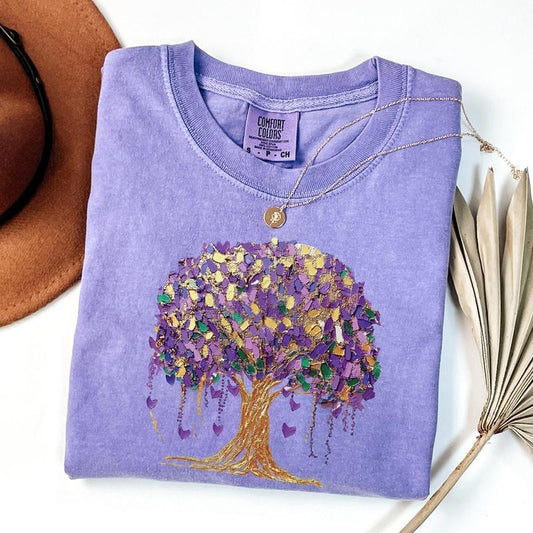 Comfort Colors Mardi Gras Tree Shirt, Mardi Gras Bead Shirt, Watercolor Mardi Gras Tree Shirt Cotton
