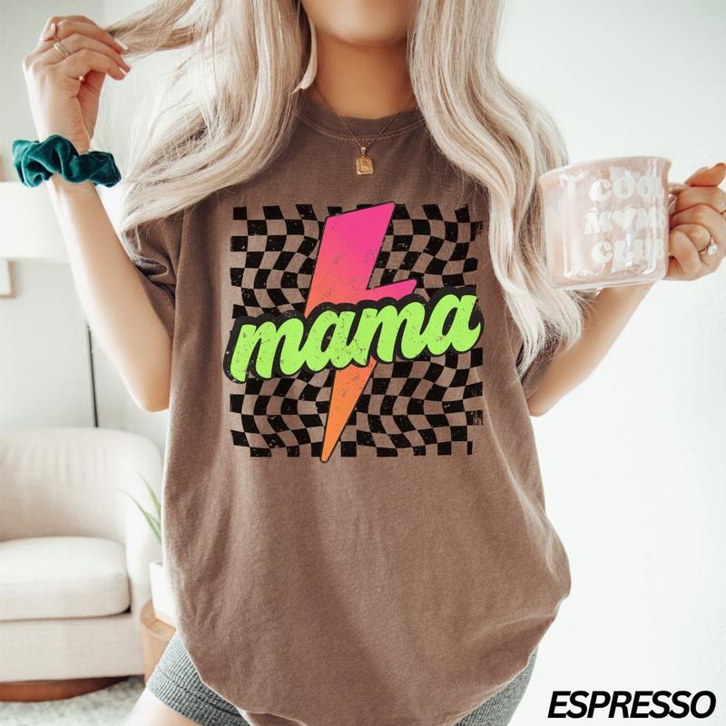 Comfort Colors Neon Mama T-Shirt, Checkered Mama T-Shirt, Lightning BolT-Shirt, Mothers Day Gift, Retro Checkered Mom T-Shirt, Gift for Her
