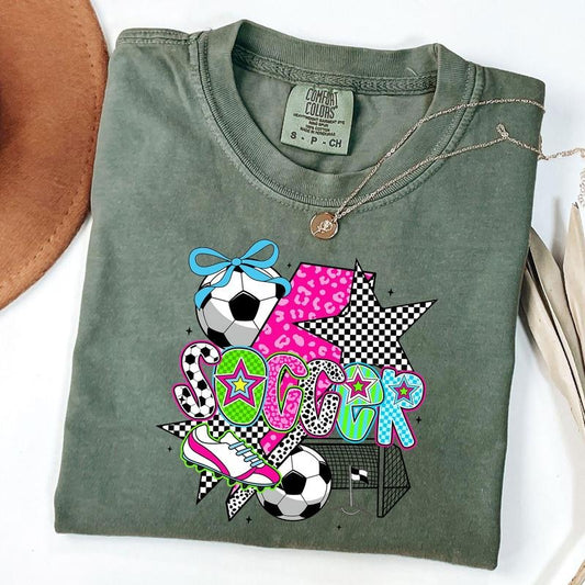 Comfort Colors Preppy Soccer Shirt, Soccer Coquette Shirt, Game Day Shirt, Checkered Soccer T-Shirt, Unisex T-Shirt
