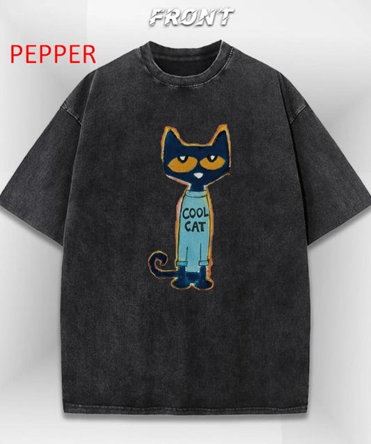 Cool Cat Print Vintage Cotton T-Shirt, Y2K Style Fun Prints, American Street Style Tee, Unisex Menswear Womenswear Top