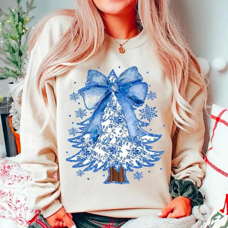 Coquette Chinoiserie Christmas Tree Sweatshirt, Coquette Blue Christmas Shirt, Christmas Toile Sweater, Blue Floral Bow Shirt, Preppy Christmas Crewneck