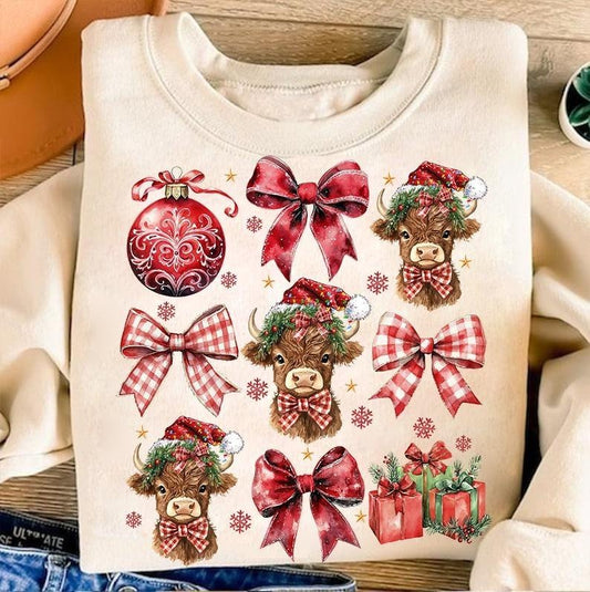 Coquette Christmas Highland Cow , Western Christmas Sweatshirt  Highland Cow , Merry Xmas , Coquette , Aesthetic Christmas