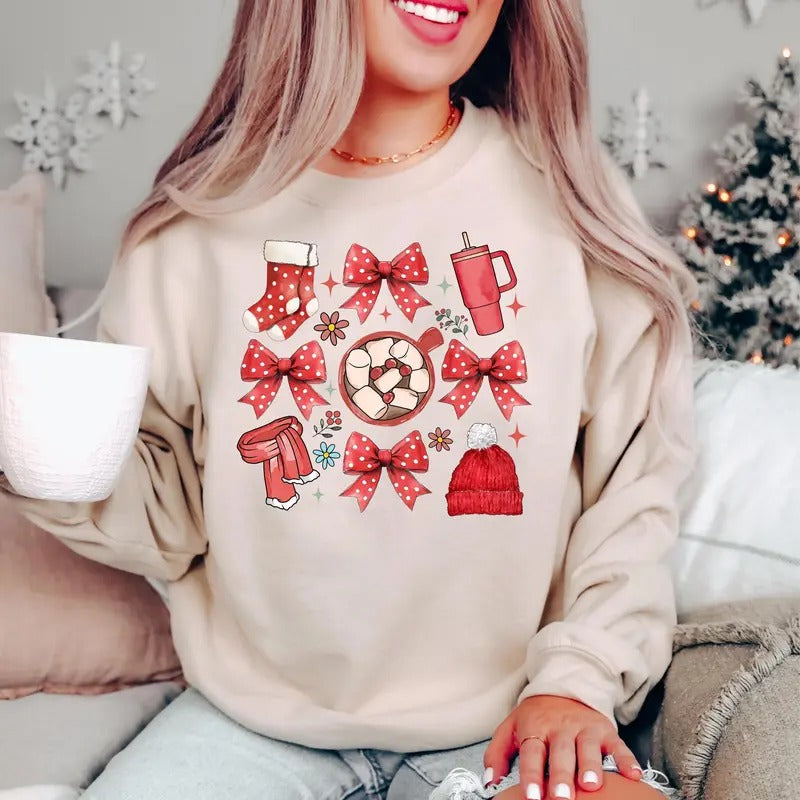Coquette Christmas T-shirt, Merry Christmas, Hot Cocoa, Retro Xmas Sweatshirt, Red Hat Christmas, Xmas Vibes, Xmas Season