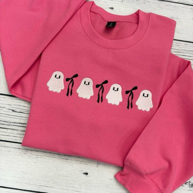 Coquette Ghost Embroidered Crewneck Sweatshirt Bows Pink