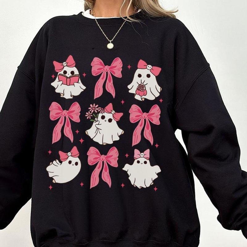 Coquette Halloween Sweatshirts, Spooky Season T-shirts, Cute Ghost Sweatshirt, Shirt For Women, Cute Spooky T-shirts, Pink Bow Shirts, Halloween Mama T-shirts, Girly Coquette Bow Sweatshirt, Women's Tops, Cute Halloween Tee