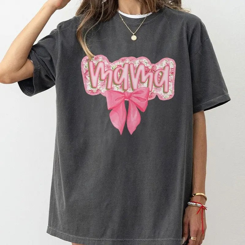 Coquette Mama Shirt, Mama Comfort Tee, Coquette Mom T-Shirt, Floral Mom Shirt, Pink Bow Shirt, Mom Life Shirt, Cute Mom Sweatshirt, Coquette Shirts For Mama, Comfort Women Top