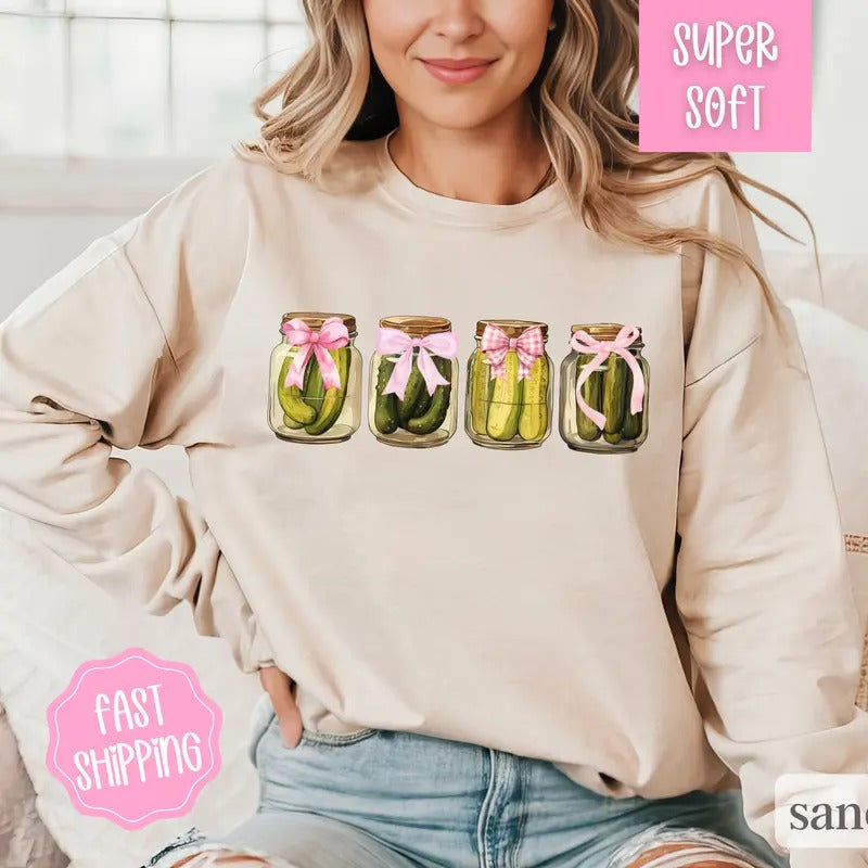 Coquette Pickle Sweatshirt, Pickle Lover Sweatshirt, Trending Sweatshirts Crewneck Collar Womenswear Fabric Comfy