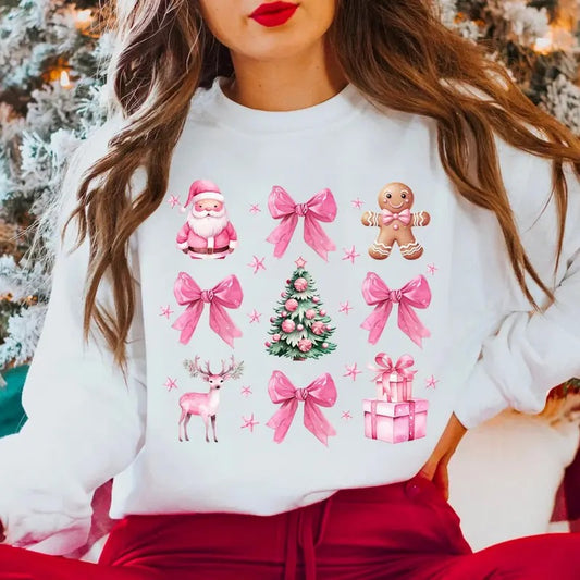 Coquette Pink Christmas Sweatshirt, Coquette Bow Santa Christmas Tee Shirt, Coquette Pink Xmas Bow Sweater, Christmas Gifts