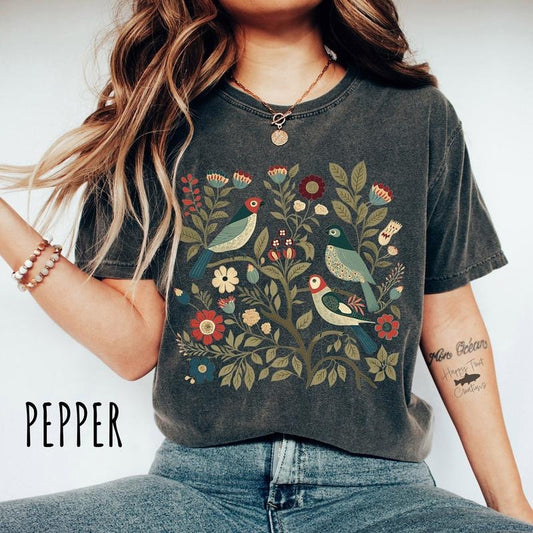 Cottagecore Birds and Flowers T-Shirt, Folk Art Scandi Art T-Shirt, Plus Sizes and Oversized T-Shirts, Bird Gifts, Flower Gift, Gift For Her