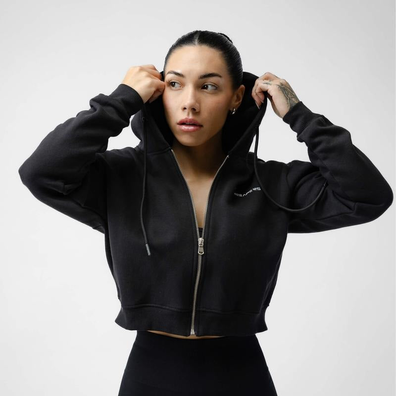 Women's Cropped Skull Zip-up Hoodie - Black Polyester/Cotton