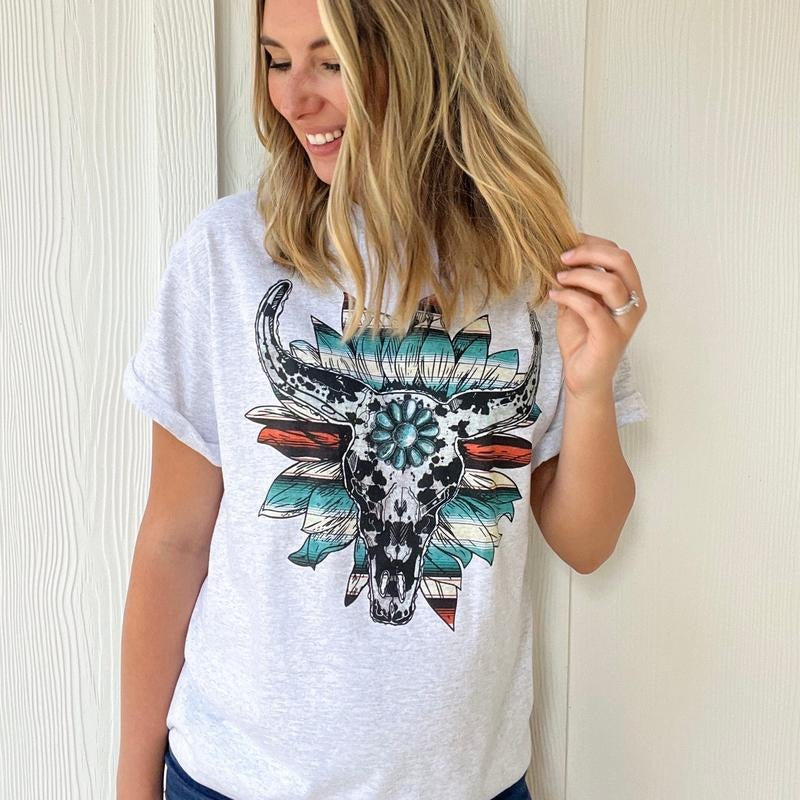 Cow Print Serape Turquoise Bullskull Flower Graphic Tee