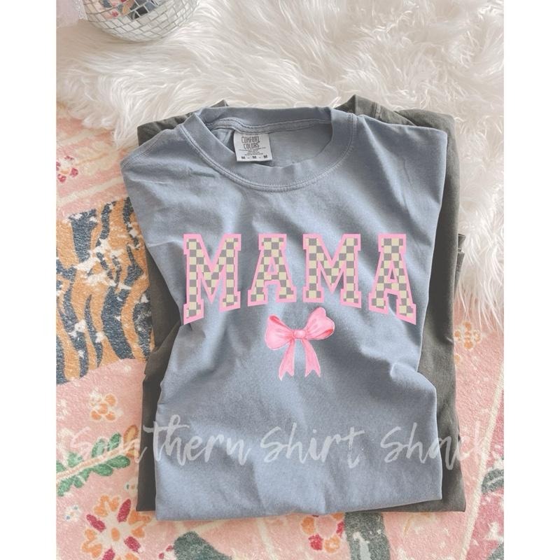 Cream checkered coquette mama T shirt  | Granite comfort colors t shirt