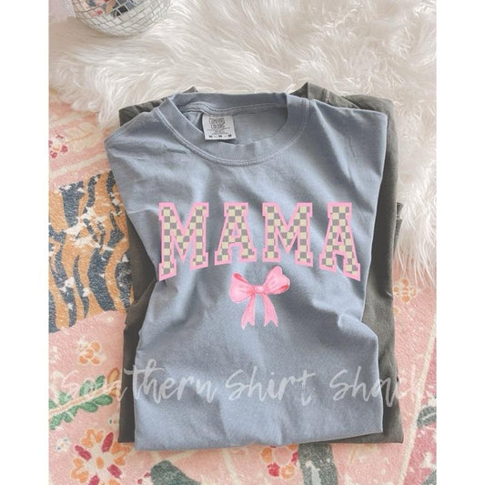 Cream checkered coquette mama T shirt  | Granite comfort colors t shirt