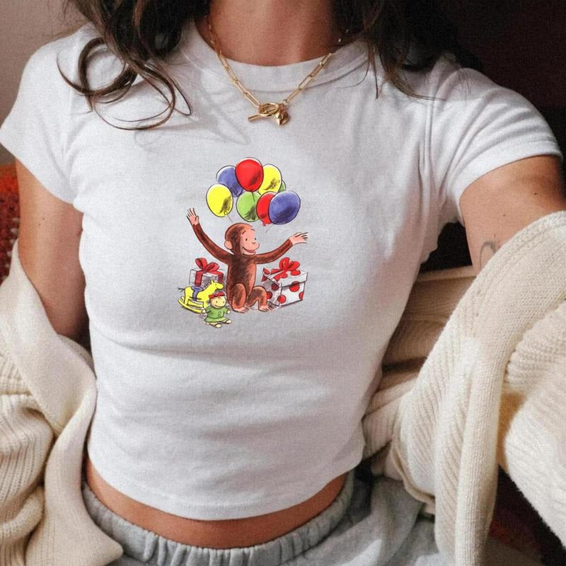 Curious George Balloons Baby Tee, Birthday Party Graphic Tee, Y2k, 90s Clothing, Pinterest Aesthetic