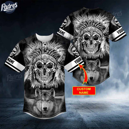 Custom Black White Wolf N Native Skull Baseball Jersey - Padres Jersey Oasis: Elevate Your Baseball Style Game