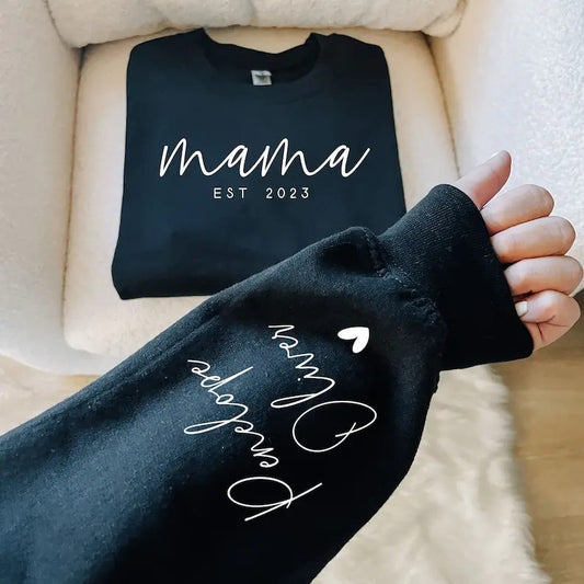 Custom Mama Sweatshirt with Date and Children Name on Sleeve, Mama Sweatshirt, Minimalist Mama, Gift for Mom Hoodie and Sweater; T-shirt Cotton Menswear Polyester Tops Underwear Pullover