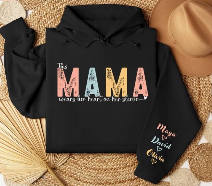 Custom Mama Sweatshirt, This Mama Wears Her Heart on Her Sleeve Custom Sweatshirt, Personalized Mama Crewneck Pullover