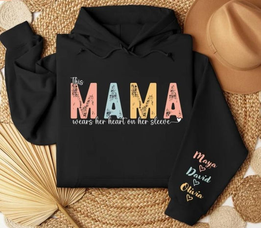 Custom Mama Sweatshirt, This Mama Wears Her Heart on Her Sleeve Custom Sweatshirt, Personalized Mama Crewneck Pullover