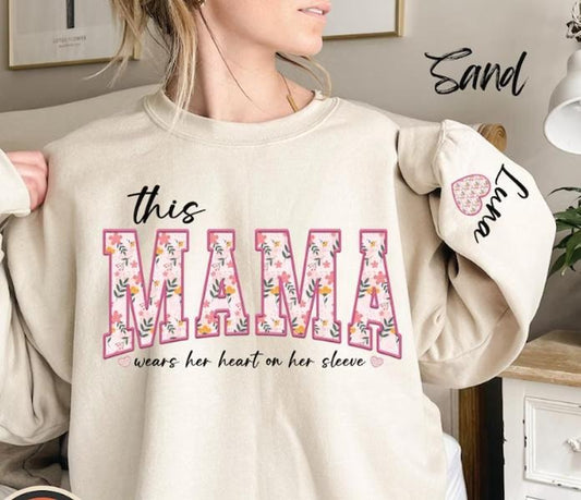 Custom This Mama Wears Her Heart On Her Sleeve Sweatshirt, Personalized Mom Sweatshirt With Kids Names, Cute Momma Hoodie, Mothers Day Gifts