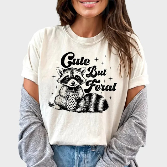 Cute But Feral Shirt, Meme Raccoon T-shirt, Funny Trash Panda Graphic Printed Tee, Feral T-shirt, Raccoon Lover Gift, Vintage Opossum Tshirt, Comfort Cotton Tee, Comfy Shirt Casual Style, Women's Tops, Cotton Fabric Tee
