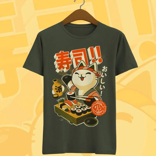 Cute Japan cat T-shirt - Sushi and ramen foodies T-Shirt- kawaii neko manga anime T-Shirt Menswear Top