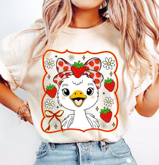 Cute Strawberry Goose Bow Tshirt, Summer Strawberry Goose, Coquette Goose Strawberry, Mothers Day