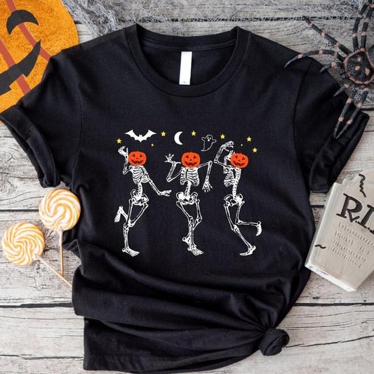 Dancing Skeleton T-Shirt, Matching Pumpkin Halloween Party Shirt, Fall Gift Tee For Woman, Spooky Season Tee