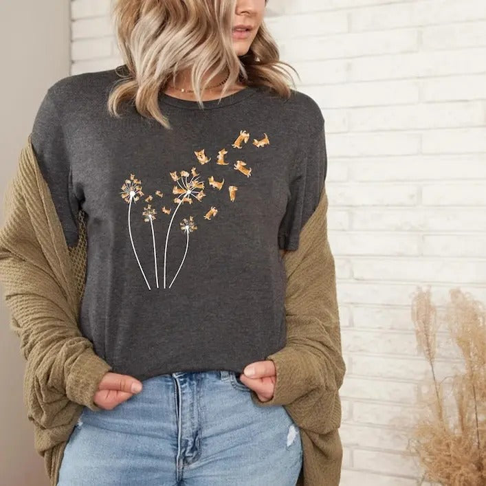 Dandelion Corgi Flower T-shirt, Cute Dog Lovers Gift Shirt, Gift For Dog Mom, Funny Dog Shirt, Dog Owner Women Shirt, Pet Owners Gifts