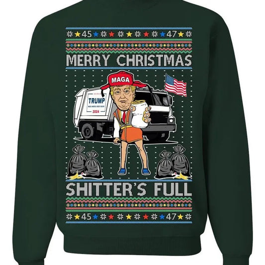 Donald Trump Merry Christmas Shitter's Full, Cousin Eddie Christmas Vacation Garbage for Trump Funny Viral Meme, Ugly Christmas Sweater