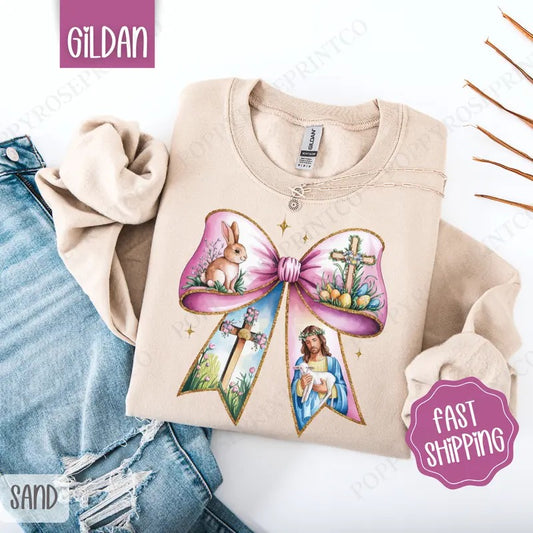 Easter Bow 2 Sweatshirt, Coquette Easter Crewneck, Trendy Religious Women's Sweater, Gift for Her