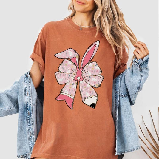 Easter Teacher Shirt, Bunny Ear Bow Pencil Tee, Cute Spring Classroom Sweatshirt for Women, Teacher Easter Outfit