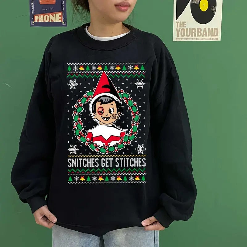Elf On Coast Snitches Get Stitches Meme Sweatshirt, Ugly Christmas Sweater, Funny Xmas Gift Idea For Shirt Hoodie, Unisex Cotton Holiday Crewneck Tee