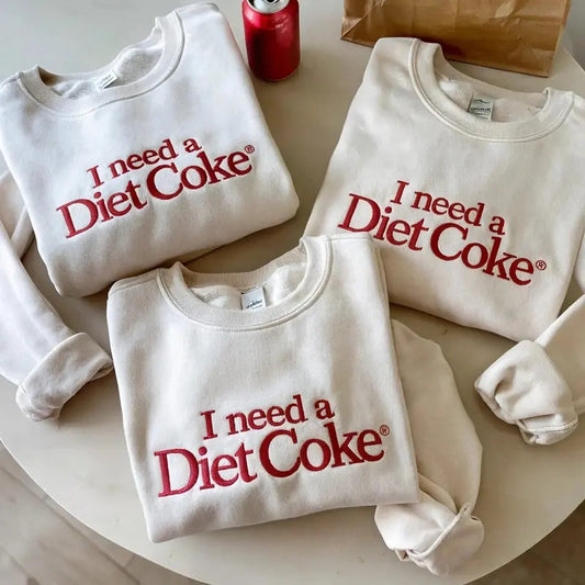 Embroidered I NEED A DIET COKE Sweatshirts, Trendy Sweatshirt, Diet Coke Bottles, Gift for Diet Coke Lover, Soda Gift Crewneck Fabric Hoodie