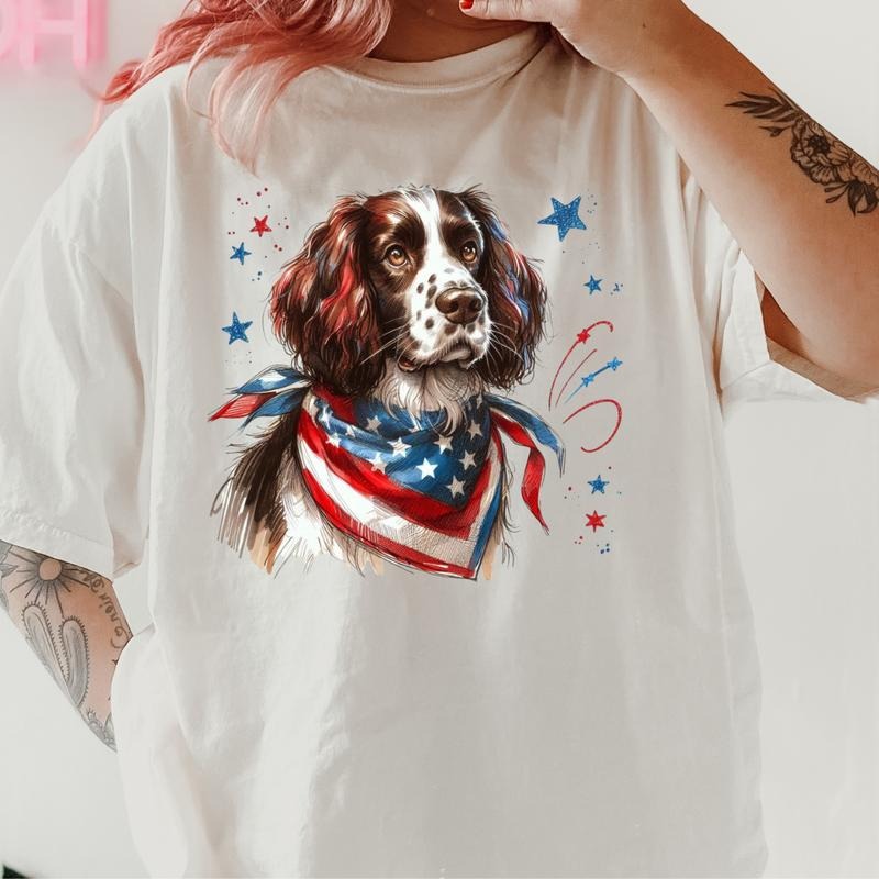 English Springer Patriotic Dog Shirt ~ Unisex Apparel Relaxed Fit Printed In The USA Clothing Womenswear Casual Comfort Cotton Top Athletic Boho Chic
