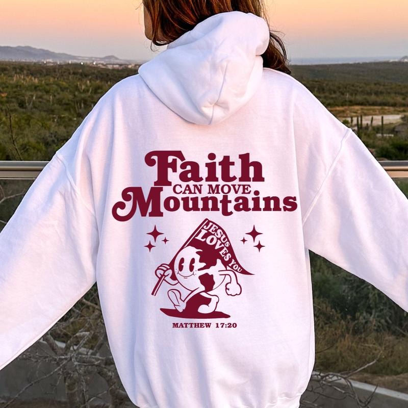 FAITH CAN MOVE MOUNTAINS CHRISTIAN HOODIE OVERSIZED COMFY CASUAL COTTON HOODIE Comfort Light Womenswear Long Sleeves