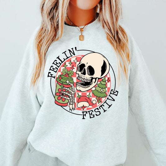 FEELING FESTIVE SKELETON CREWNECK (Crewneck Sweatshirt, Unisex Fit, Causal Sweatshirt for Christmas, Christmas Holiday Sweatshirt) Womenswear Hoodie