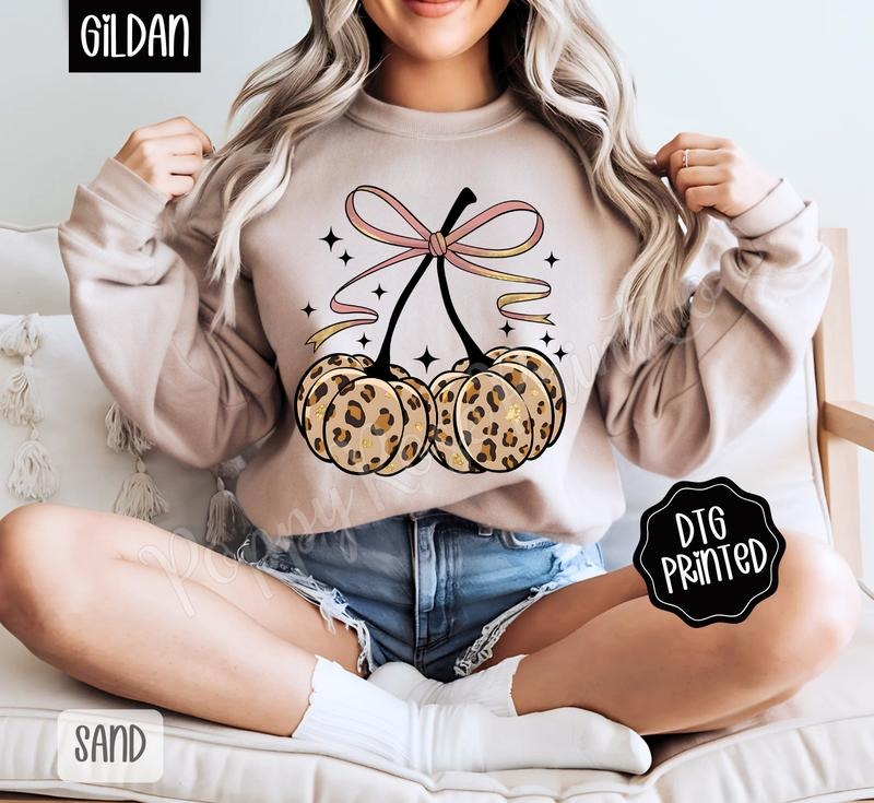 Fall Leopard Cherries Sweatshirt, Trendy Autumn Bow Crewneck