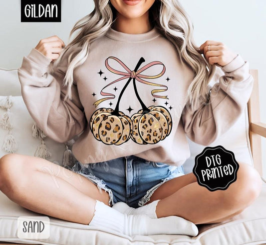 Fall Leopard Cherries Sweatshirt, Trendy Autumn Bow Crewneck