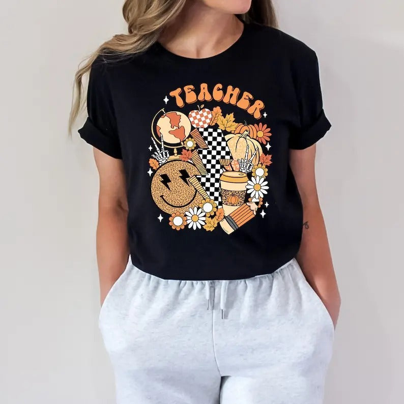 Fall Teacher Shirt, Retro Fall Vibes Teacher T-shirt, Back To School Shirt, Autumn Shirt, Retro Smiley Teacher Shirt, Teacher Things Tee