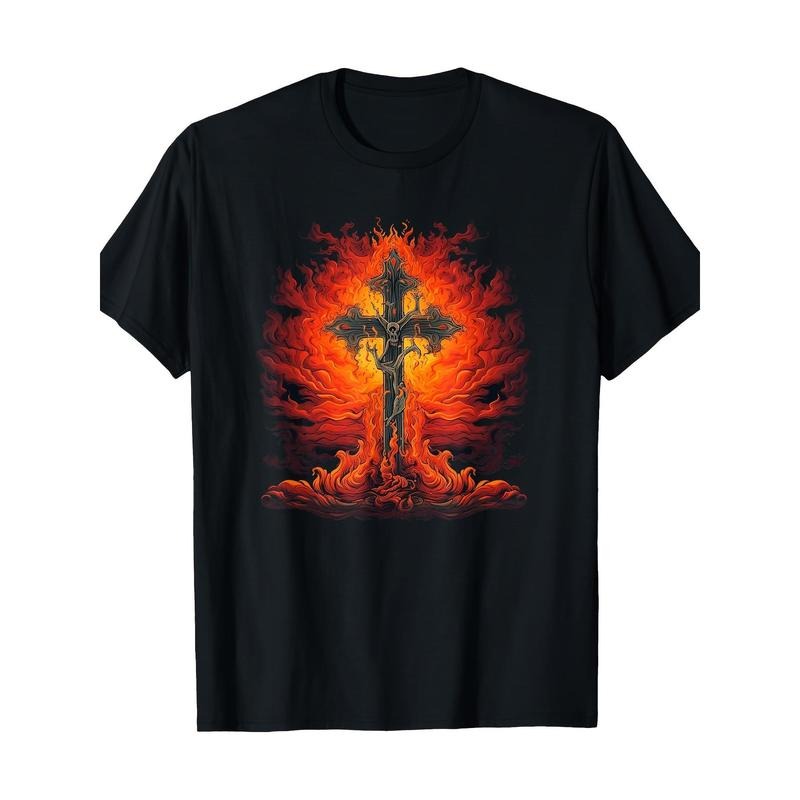 Fire on the Cross and Flame for Dark Lovers 100% cotton T-shirt Made in USA