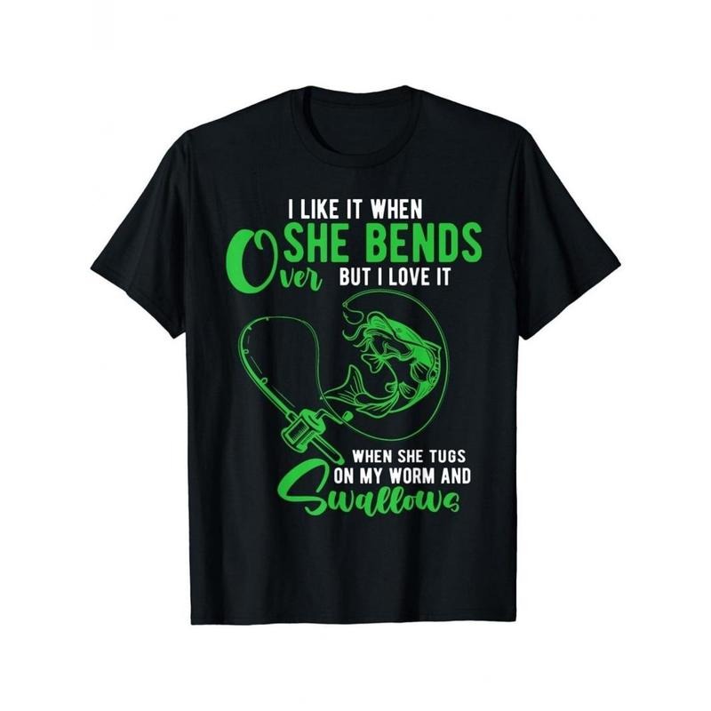 Fishing rod SHE BENDS print, men's comfortable regular cotton T-shirt, high-end quality DIY clothing, suitable for all seasons, with high-quality cotton fabric, durable and comfortable, ideal for Thanksgiving and Christmas. Made in USA
